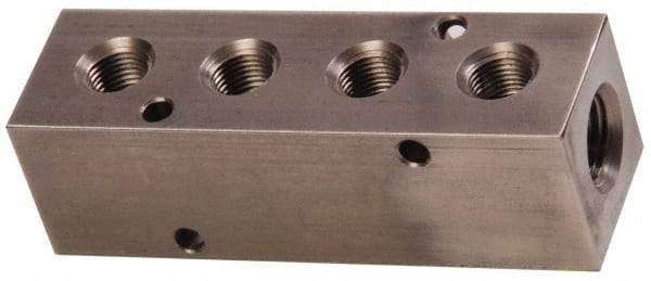 Made in USA - 1/4" Inlet, 1/8" Outlet Manifold - 3-1/4" Long x 1" Wide x 1" High, 0.17" Mount Hole, 2 Inlet Ports, 4 Outlet Ports - Exact Tool & Supply
