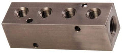 Made in USA - 1/4" Inlet, 1/8" Outlet Manifold - 3-1/4" Long x 1" Wide x 1" High, 0.17" Mount Hole, 2 Inlet Ports, 4 Outlet Ports - Exact Tool & Supply