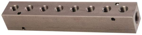Made in USA - 3/8" Inlet, 1/4" Outlet Manifold - 7.63" Long x 1-1/4" Wide x 1-1/4" High, 0.2" Mount Hole, 2 Inlet Ports, 8 Outlet Ports - Exact Tool & Supply