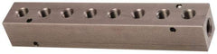 Made in USA - 3/8" Inlet, 1/4" Outlet Manifold - 7.63" Long x 1-1/4" Wide x 1-1/4" High, 0.2" Mount Hole, 2 Inlet Ports, 8 Outlet Ports - Exact Tool & Supply