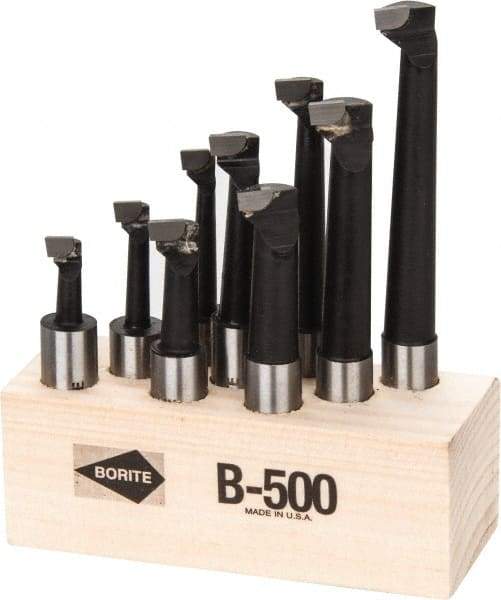 Borite - 5/16 to 9/16" Min Diam, 3/4 to 3" Max Depth, 1/2" Shank Diam, 2-1/4 to 4-1/2" OAL Boring Bar Set - C6 Carbide Tipped, Black Oxide Finish, Right Hand Cut, 9 Piece Set - Exact Tool & Supply