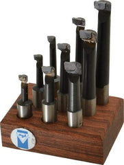 Made in USA - 5/16 to 9/16" Min Diam, 3/4 to 3" Max Depth, 1/2" Shank Diam, 2-1/4 to 4-1/2" OAL Boring Bar Set - C2 Carbide Tipped, Bright Finish, Right Hand Cut, 9 Piece Set - Exact Tool & Supply