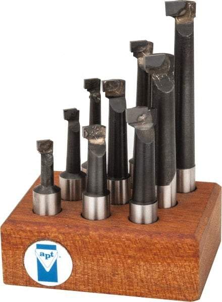 Made in USA - 5/16 to 9/16" Min Diam, 3/4 to 3" Max Depth, 1/2" Shank Diam, 2-1/4 to 4-1/2" OAL Boring Bar Set - C6 Carbide Tipped, Bright Finish, Right Hand Cut, 9 Piece Set - Exact Tool & Supply