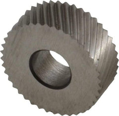 Made in USA - 1/2" Diam, 90° Tooth Angle, 30 TPI, Standard (Shape), Form Type High Speed Steel Left-Hand Diagonal Knurl Wheel - 3/16" Face Width, 3/16" Hole, Circular Pitch, 30° Helix, Bright Finish, Series EP - Exact Tool & Supply