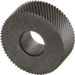 Made in USA - 1/2" Diam, 70° Tooth Angle, 50 TPI, Standard (Shape), Form Type High Speed Steel Left-Hand Diagonal Knurl Wheel - 3/16" Face Width, 3/16" Hole, Circular Pitch, 30° Helix, Bright Finish, Series EP - Exact Tool & Supply
