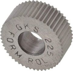 Made in USA - 5/8" Diam, 90° Tooth Angle, 25 TPI, Standard (Shape), Form Type High Speed Steel Straight Knurl Wheel - 1/4" Face Width, 1/4" Hole, Circular Pitch, Bright Finish, Series GK - Exact Tool & Supply