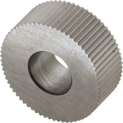 Made in USA - 5/8" Diam, 90° Tooth Angle, 35 TPI, Standard (Shape), Form Type High Speed Steel Straight Knurl Wheel - 1/4" Face Width, 1/4" Hole, Circular Pitch, Bright Finish, Series GK - Exact Tool & Supply