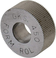 Made in USA - 5/8" Diam, 70° Tooth Angle, 50 TPI, Standard (Shape), Form Type High Speed Steel Straight Knurl Wheel - 1/4" Face Width, 1/4" Hole, Circular Pitch, Bright Finish, Series GK - Exact Tool & Supply