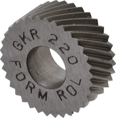 Made in USA - 5/8" Diam, 90° Tooth Angle, 20 TPI, Standard (Shape), Form Type High Speed Steel Right-Hand Diagonal Knurl Wheel - 1/4" Face Width, 1/4" Hole, Circular Pitch, 30° Helix, Bright Finish, Series GK - Exact Tool & Supply