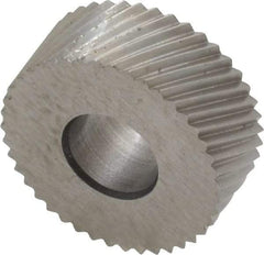 Made in USA - 5/8" Diam, 90° Tooth Angle, 25 TPI, Standard (Shape), Form Type High Speed Steel Right-Hand Diagonal Knurl Wheel - 1/4" Face Width, 1/4" Hole, Circular Pitch, 30° Helix, Bright Finish, Series GK - Exact Tool & Supply