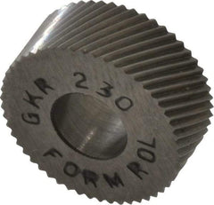 Made in USA - 5/8" Diam, 90° Tooth Angle, 30 TPI, Standard (Shape), Form Type High Speed Steel Right-Hand Diagonal Knurl Wheel - 1/4" Face Width, 1/4" Hole, Circular Pitch, 30° Helix, Bright Finish, Series GK - Exact Tool & Supply