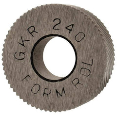 Made in USA - 5/8" Diam, 90° Tooth Angle, 40 TPI, Standard (Shape), Form Type High Speed Steel Right-Hand Diagonal Knurl Wheel - 1/4" Face Width, 1/4" Hole, Circular Pitch, 30° Helix, Bright Finish, Series GK - Exact Tool & Supply