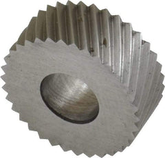 Made in USA - 5/8" Diam, 90° Tooth Angle, 20 TPI, Standard (Shape), Form Type High Speed Steel Left-Hand Diagonal Knurl Wheel - 1/4" Face Width, 1/4" Hole, Circular Pitch, 30° Helix, Bright Finish, Series GK - Exact Tool & Supply