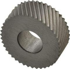 Made in USA - 5/8" Diam, 90° Tooth Angle, 25 TPI, Standard (Shape), Form Type High Speed Steel Left-Hand Diagonal Knurl Wheel - 1/4" Face Width, 1/4" Hole, Circular Pitch, 30° Helix, Bright Finish, Series GK - Exact Tool & Supply
