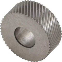 Made in USA - 5/8" Diam, 90° Tooth Angle, 30 TPI, Standard (Shape), Form Type High Speed Steel Left-Hand Diagonal Knurl Wheel - 1/4" Face Width, 1/4" Hole, Circular Pitch, 30° Helix, Bright Finish, Series GK - Exact Tool & Supply