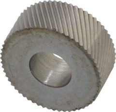 Made in USA - 5/8" Diam, 90° Tooth Angle, 35 TPI, Standard (Shape), Form Type High Speed Steel Left-Hand Diagonal Knurl Wheel - 1/4" Face Width, 1/4" Hole, Circular Pitch, 30° Helix, Bright Finish, Series GK - Exact Tool & Supply