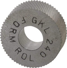 Made in USA - 5/8" Diam, 90° Tooth Angle, 40 TPI, Standard (Shape), Form Type High Speed Steel Left-Hand Diagonal Knurl Wheel - 1/4" Face Width, 1/4" Hole, Circular Pitch, 30° Helix, Bright Finish, Series GK - Exact Tool & Supply