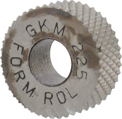 Made in USA - 5/8" Diam, 90° Tooth Angle, 25 TPI, Standard (Shape), Form Type High Speed Steel Male Diamond Knurl Wheel - 1/4" Face Width, 1/4" Hole, Circular Pitch, 30° Helix, Bright Finish, Series GK - Exact Tool & Supply