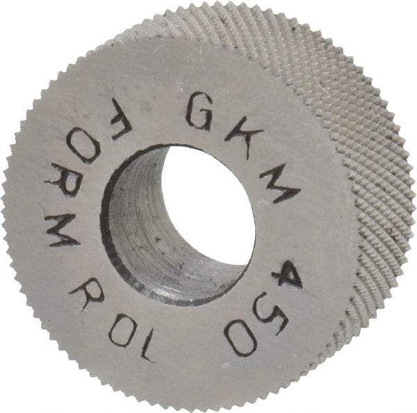Made in USA - 5/8" Diam, 70° Tooth Angle, 50 TPI, Standard (Shape), Form Type High Speed Steel Male Diamond Knurl Wheel - 1/4" Face Width, 1/4" Hole, Circular Pitch, 30° Helix, Bright Finish, Series GK - Exact Tool & Supply