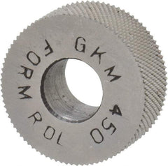 Made in USA - 5/8" Diam, 70° Tooth Angle, 50 TPI, Standard (Shape), Form Type High Speed Steel Male Diamond Knurl Wheel - 1/4" Face Width, 1/4" Hole, Circular Pitch, 30° Helix, Bright Finish, Series GK - Exact Tool & Supply