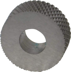 Made in USA - 5/8" Diam, 90° Tooth Angle, 25 TPI, Standard (Shape), Form Type High Speed Steel Female Diamond Knurl Wheel - 1/4" Face Width, 1/4" Hole, Circular Pitch, 30° Helix, Bright Finish, Series GK - Exact Tool & Supply