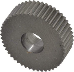 Made in USA - 3/4" Diam, 90° Tooth Angle, 20 TPI, Standard (Shape), Form Type High Speed Steel Straight Knurl Wheel - 1/4" Face Width, 1/4" Hole, Circular Pitch, Bright Finish, Series KN - Exact Tool & Supply