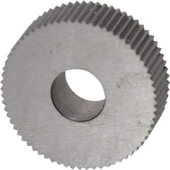Made in USA - 3/4" Diam, 90° Tooth Angle, 29 TPI, Standard (Shape), Form Type High Speed Steel Straight Knurl Wheel - 1/4" Face Width, 1/4" Hole, Circular Pitch, Bright Finish, Series KN - Exact Tool & Supply