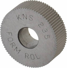 Made in USA - 3/4" Diam, 90° Tooth Angle, 35 TPI, Standard (Shape), Form Type High Speed Steel Straight Knurl Wheel - 1/4" Face Width, 1/4" Hole, Circular Pitch, Bright Finish, Series KN - Exact Tool & Supply