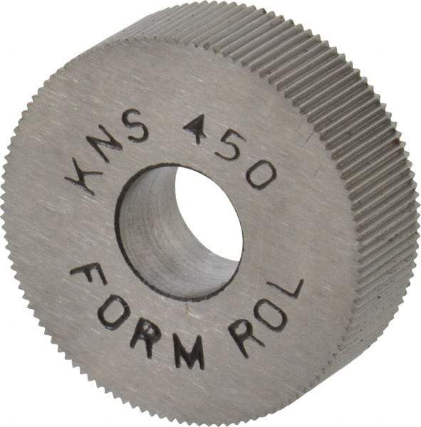 Made in USA - 3/4" Diam, 70° Tooth Angle, 50 TPI, Standard (Shape), Form Type High Speed Steel Straight Knurl Wheel - 1/4" Face Width, 1/4" Hole, Circular Pitch, Bright Finish, Series KN - Exact Tool & Supply