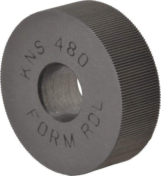 Made in USA - 3/4" Diam, 70° Tooth Angle, 80 TPI, Standard (Shape), Form Type High Speed Steel Straight Knurl Wheel - 1/4" Face Width, 1/4" Hole, Circular Pitch, Bright Finish, Series KN - Exact Tool & Supply