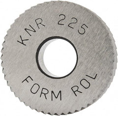 Made in USA - 3/4" Diam, 90° Tooth Angle, 25 TPI, Standard (Shape), Form Type High Speed Steel Right-Hand Diagonal Knurl Wheel - 1/4" Face Width, 1/4" Hole, Circular Pitch, 30° Helix, Bright Finish, Series KN - Exact Tool & Supply