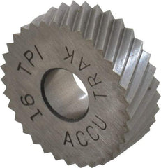 Made in USA - 3/4" Diam, 90° Tooth Angle, 16 TPI, Standard (Shape), Form Type High Speed Steel Left-Hand Diagonal Knurl Wheel - 1/4" Face Width, 1/4" Hole, Circular Pitch, 30° Helix, Bright Finish, Series KN - Exact Tool & Supply