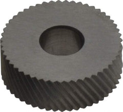 Made in USA - 3/4" Diam, 90° Tooth Angle, 25 TPI, Standard (Shape), Form Type High Speed Steel Left-Hand Diagonal Knurl Wheel - 1/4" Face Width, 1/4" Hole, Circular Pitch, 30° Helix, Bright Finish, Series KN - Exact Tool & Supply