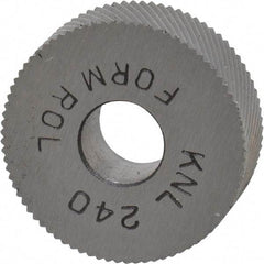 Made in USA - 3/4" Diam, 90° Tooth Angle, 40 TPI, Standard (Shape), Form Type High Speed Steel Left-Hand Diagonal Knurl Wheel - 1/4" Face Width, 1/4" Hole, Circular Pitch, 30° Helix, Bright Finish, Series KN - Exact Tool & Supply
