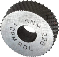 Made in USA - 3/4" Diam, 90° Tooth Angle, 20 TPI, Standard (Shape), Form Type High Speed Steel Male Diamond Knurl Wheel - 1/4" Face Width, 1/4" Hole, Circular Pitch, 30° Helix, Bright Finish, Series KN - Exact Tool & Supply