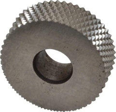 Made in USA - 3/4" Diam, 90° Tooth Angle, 25 TPI, Standard (Shape), Form Type High Speed Steel Male Diamond Knurl Wheel - 1/4" Face Width, 1/4" Hole, Circular Pitch, 30° Helix, Bright Finish, Series KN - Exact Tool & Supply