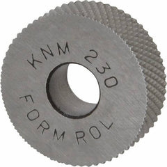 Made in USA - 3/4" Diam, 90° Tooth Angle, 30 TPI, Standard (Shape), Form Type High Speed Steel Male Diamond Knurl Wheel - 1/4" Face Width, 1/4" Hole, Circular Pitch, 30° Helix, Bright Finish, Series KN - Exact Tool & Supply