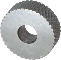 Made in USA - 3/4" Diam, 90° Tooth Angle, 20 TPI, Standard (Shape), Form Type High Speed Steel Female Diamond Knurl Wheel - 1/4" Face Width, 1/4" Hole, Circular Pitch, 30° Helix, Bright Finish, Series KN - Exact Tool & Supply