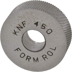 Made in USA - 3/4" Diam, 70° Tooth Angle, 50 TPI, Standard (Shape), Form Type High Speed Steel Female Diamond Knurl Wheel - 1/4" Face Width, 1/4" Hole, Circular Pitch, 30° Helix, Bright Finish, Series KN - Exact Tool & Supply
