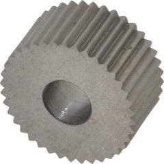 Made in USA - 3/4" Diam, 90° Tooth Angle, 16 TPI, Standard (Shape), Form Type High Speed Steel Straight Knurl Wheel - 3/8" Face Width, 1/4" Hole, Circular Pitch, Bright Finish, Series KP - Exact Tool & Supply