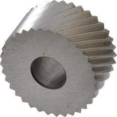 Made in USA - 3/4" Diam, 90° Tooth Angle, 14 TPI, Standard (Shape), Form Type High Speed Steel Right-Hand Diagonal Knurl Wheel - 3/8" Face Width, 1/4" Hole, Circular Pitch, 30° Helix, Bright Finish, Series KP - Exact Tool & Supply