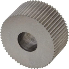 Made in USA - 3/4" Diam, 90° Tooth Angle, 25 TPI, Standard (Shape), Form Type High Speed Steel Straight Knurl Wheel - 3/8" Face Width, 1/4" Hole, Circular Pitch, Bright Finish, Series KP - Exact Tool & Supply