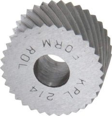 Made in USA - 3/4" Diam, 90° Tooth Angle, 14 TPI, Standard (Shape), Form Type High Speed Steel Left-Hand Diagonal Knurl Wheel - 3/8" Face Width, 1/4" Hole, Circular Pitch, 30° Helix, Bright Finish, Series KP - Exact Tool & Supply