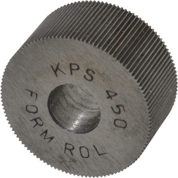 Made in USA - 3/4" Diam, 70° Tooth Angle, 50 TPI, Standard (Shape), Form Type High Speed Steel Straight Knurl Wheel - 3/8" Face Width, 1/4" Hole, Circular Pitch, Bright Finish, Series KP - Exact Tool & Supply