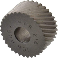 Made in USA - 3/4" Diam, 90° Tooth Angle, 16 TPI, Standard (Shape), Form Type High Speed Steel Right-Hand Diagonal Knurl Wheel - 3/8" Face Width, 1/4" Hole, Circular Pitch, 30° Helix, Bright Finish, Series KP - Exact Tool & Supply