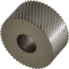 Made in USA - 3/4" Diam, 90° Tooth Angle, 21 TPI, Standard (Shape), Form Type High Speed Steel Left-Hand Diagonal Knurl Wheel - 3/8" Face Width, 1/4" Hole, Circular Pitch, 30° Helix, Bright Finish, Series KP - Exact Tool & Supply