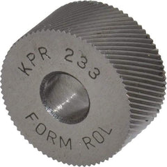 Made in USA - 3/4" Diam, 90° Tooth Angle, 33 TPI, Standard (Shape), Form Type High Speed Steel Right-Hand Diagonal Knurl Wheel - 3/8" Face Width, 1/4" Hole, Circular Pitch, 30° Helix, Bright Finish, Series KP - Exact Tool & Supply
