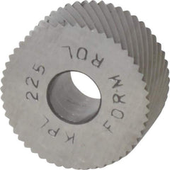 Made in USA - 3/4" Diam, 90° Tooth Angle, 25 TPI, Standard (Shape), Form Type High Speed Steel Left-Hand Diagonal Knurl Wheel - 3/8" Face Width, 1/4" Hole, Circular Pitch, 30° Helix, Bright Finish, Series KP - Exact Tool & Supply