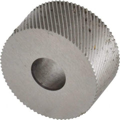 Made in USA - 3/4" Diam, 90° Tooth Angle, 33 TPI, Standard (Shape), Form Type High Speed Steel Left-Hand Diagonal Knurl Wheel - 3/8" Face Width, 1/4" Hole, Circular Pitch, 30° Helix, Bright Finish, Series KP - Exact Tool & Supply