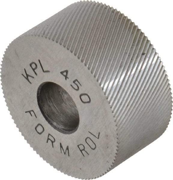Made in USA - 3/4" Diam, 70° Tooth Angle, 50 TPI, Standard (Shape), Form Type High Speed Steel Left-Hand Diagonal Knurl Wheel - 3/8" Face Width, 1/4" Hole, Circular Pitch, 30° Helix, Bright Finish, Series KP - Exact Tool & Supply